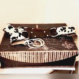 Womens Handmade Leather  & Cow Print Belt Adjustable rings  47 inches